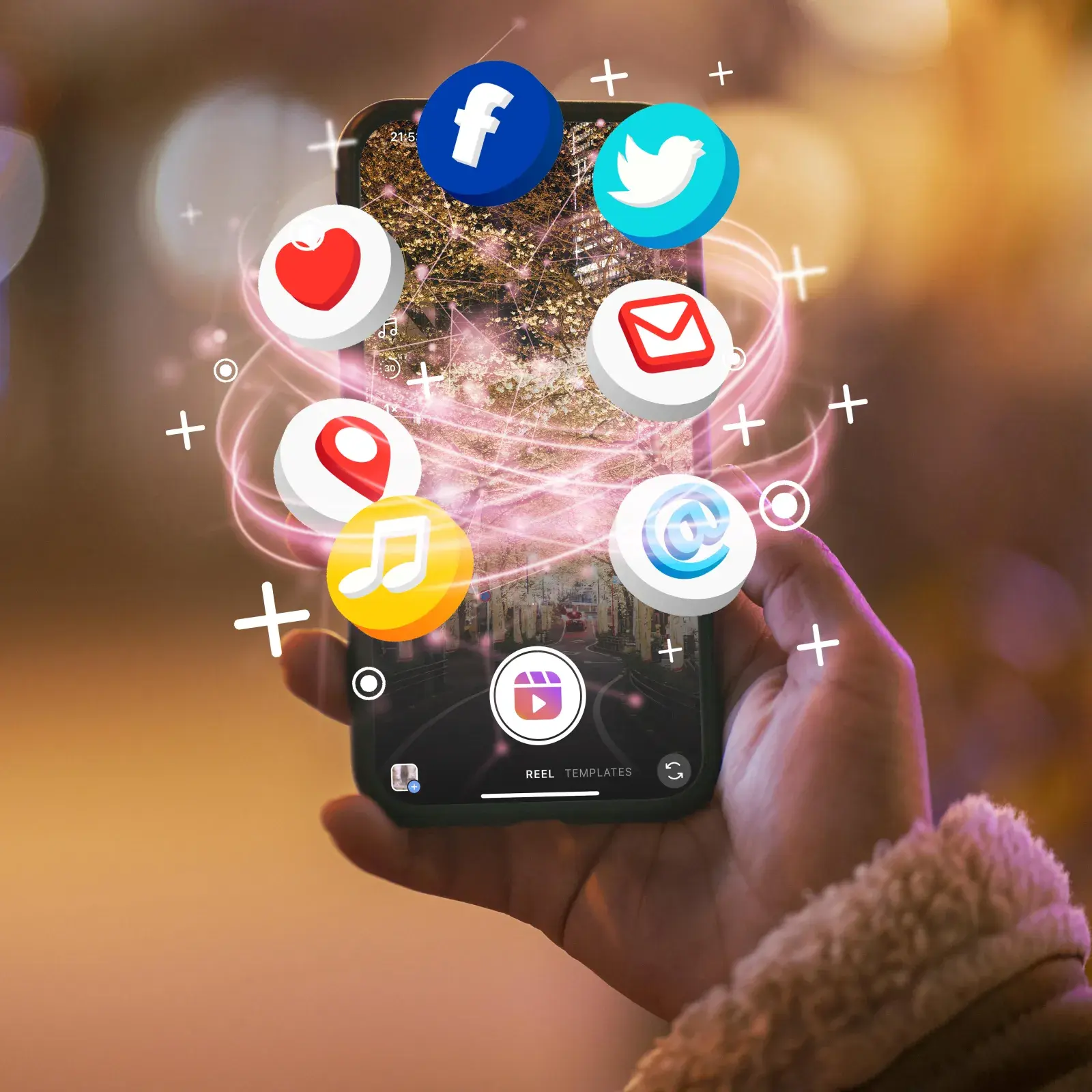 Smartphone avec réseaux sociaux et statistiques