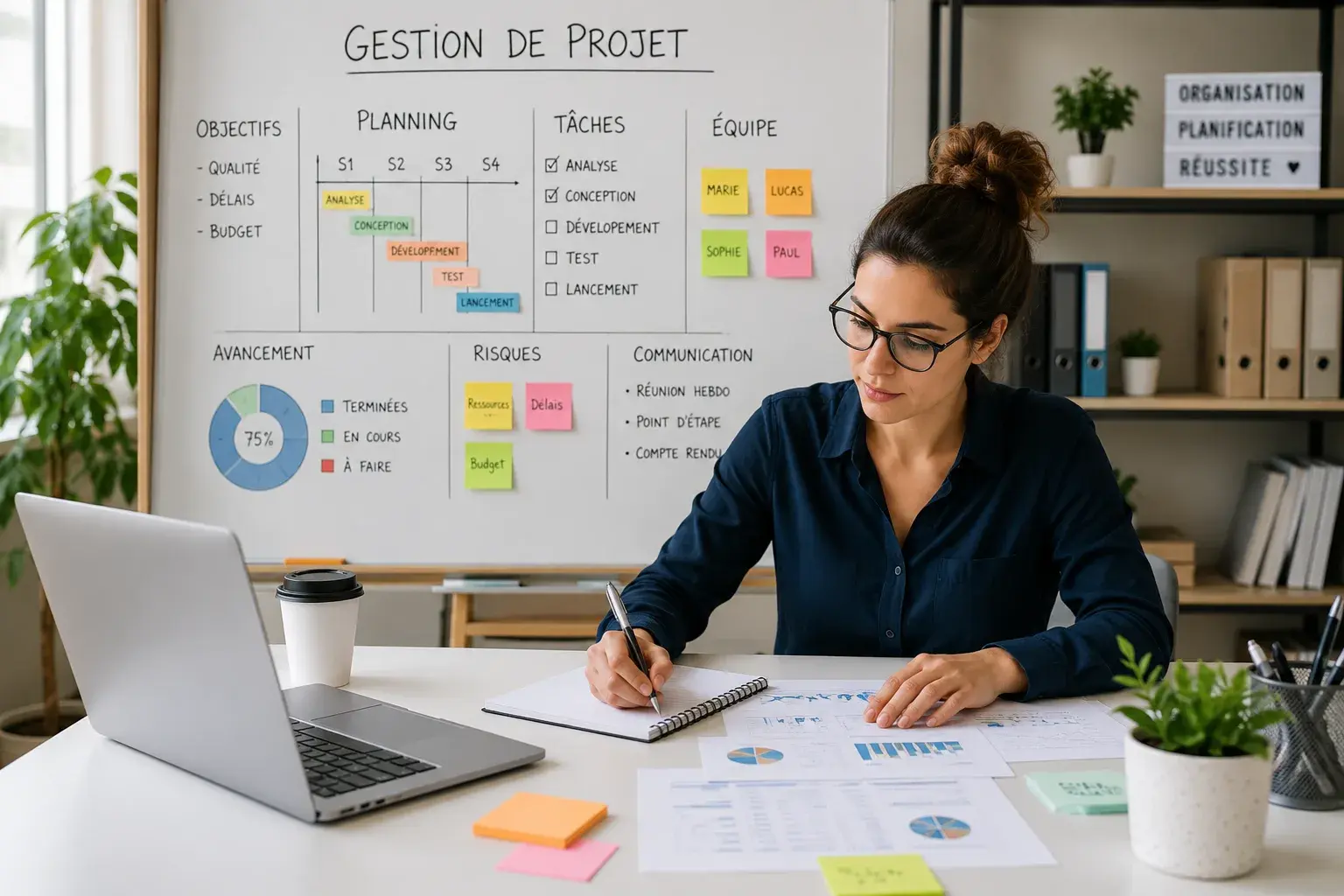 Tableau de projet avec post-its et planning